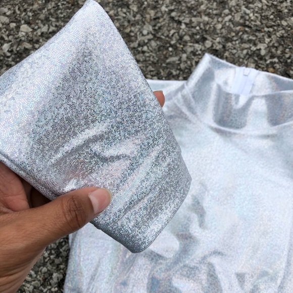 Sparkle Unique holographic Metallic Crop Top Shirt - Picture 6 of 8